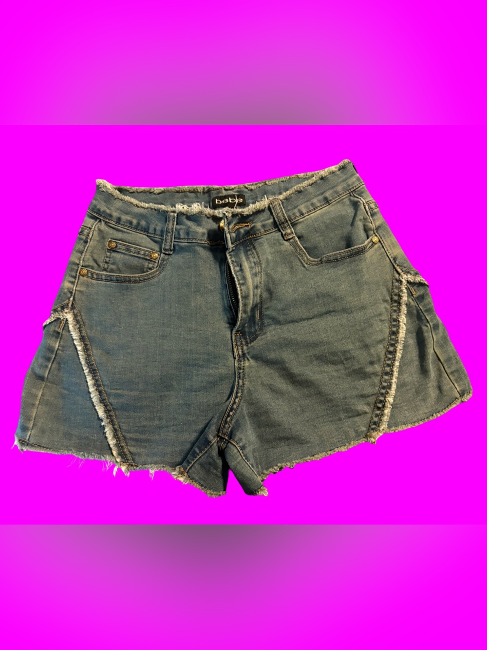 BEBE Frayed Edge Stretch Denim Shorts Rhinestone Logo Size 6/28
